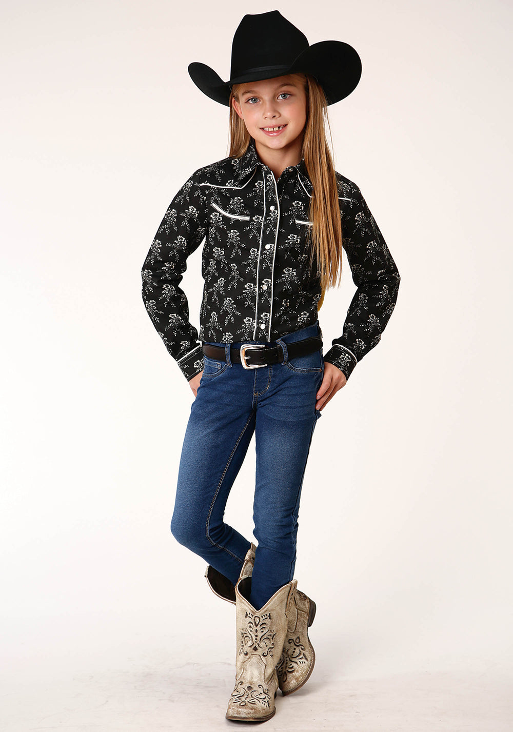 GIRLS LONG SLEEVE SNAP BLACK AND CREAM FLORAL PRINT WESTERN SHIRT