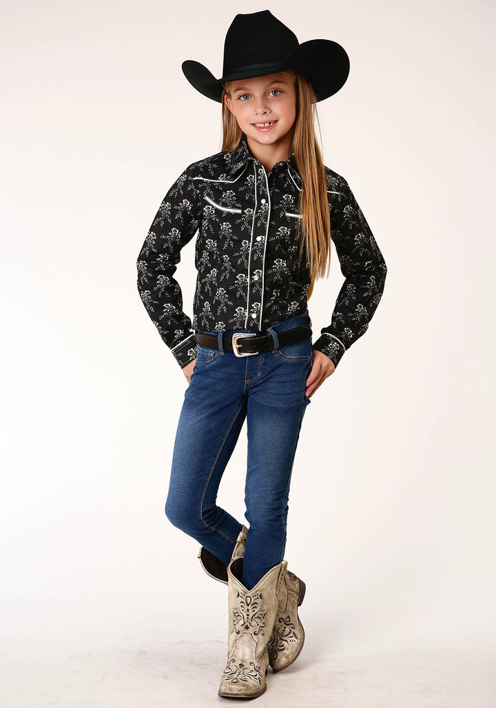 GIRLS LONG SLEEVE SNAP BLACK AND CREAM FLORAL PRINT WESTERN SHIRT
