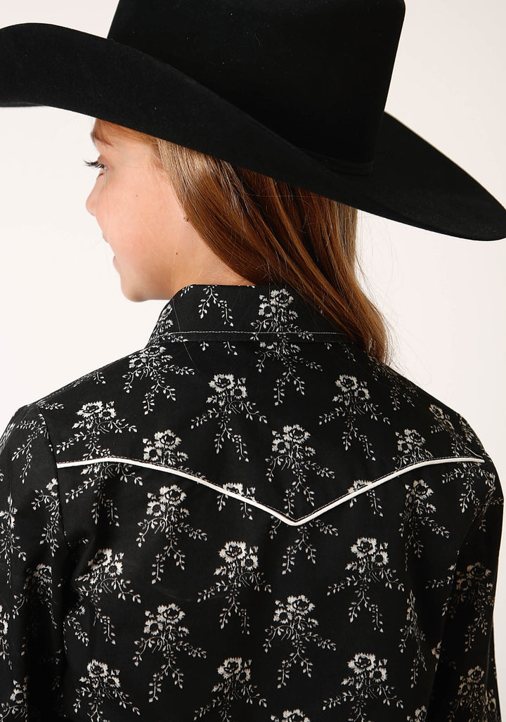 GIRLS LONG SLEEVE SNAP BLACK AND CREAM FLORAL PRINT WESTERN SHIRT