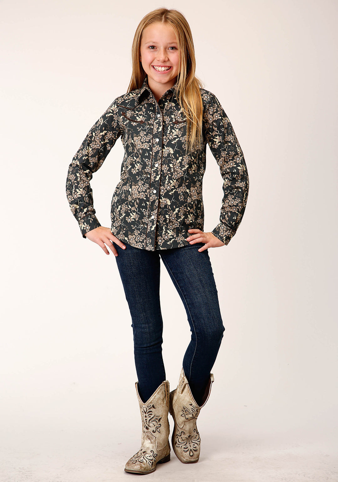 GIRLS LONG SLEEVE SNAP VINTAGE DARK FLORAL PRINT WESTERN SHIRT