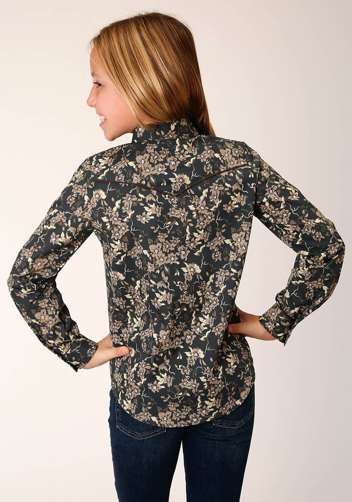 GIRLS LONG SLEEVE SNAP VINTAGE DARK FLORAL PRINT WESTERN SHIRT