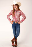 GIRLS LONG SLEEVE SNAP RED AND MULTI SMALL SCALE PLAID WESTERN SHIRT