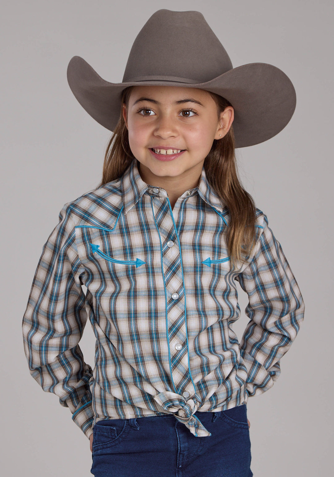 GIRLS TURQUOISE PLAID LONG SLEEVE SNAP WESTERN SHIRT