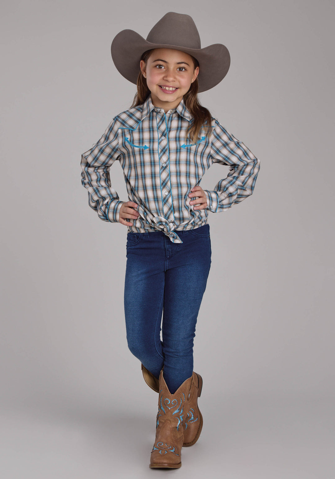 GIRLS TURQUOISE PLAID LONG SLEEVE SNAP WESTERN SHIRT