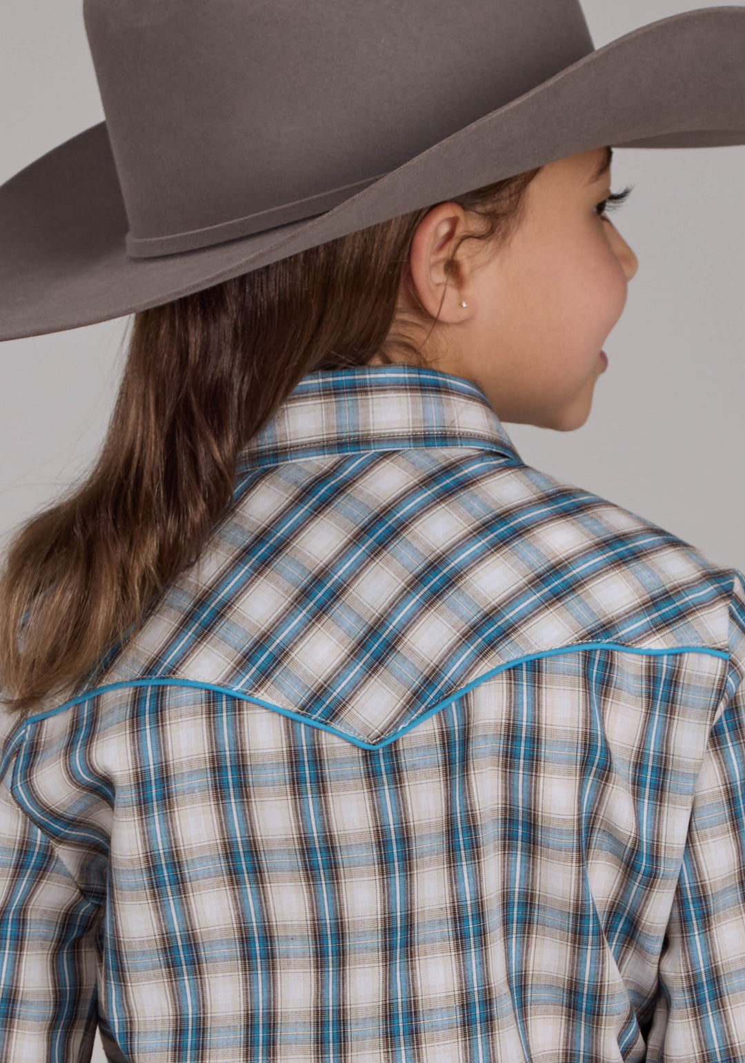 GIRLS TURQUOISE PLAID LONG SLEEVE SNAP WESTERN SHIRT