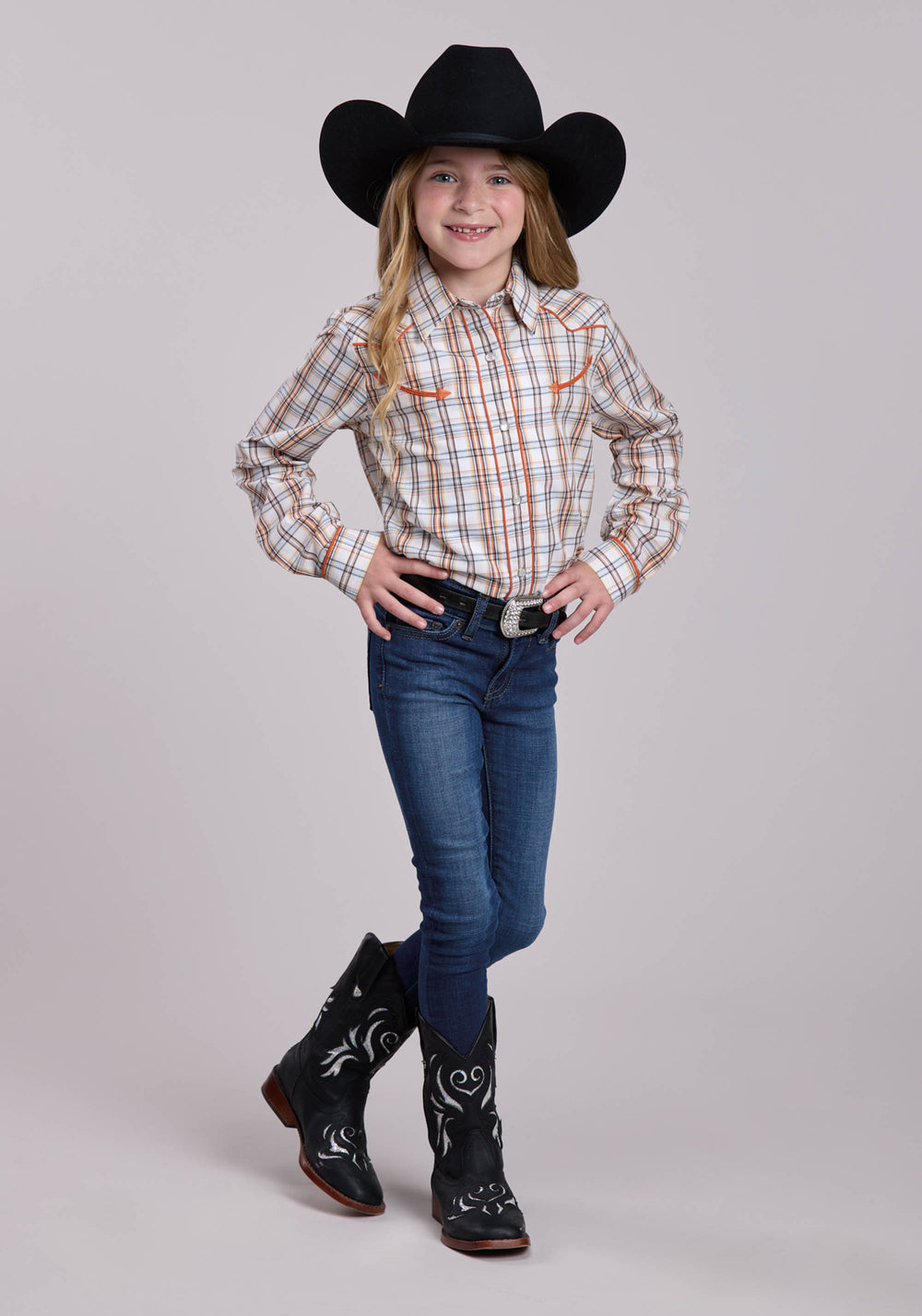 GIRLS ROPER CREAM  ORANGE PLAID LONG SLEEVE SNAP SHIRT