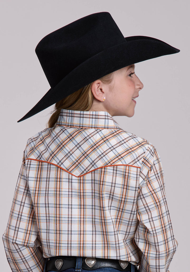 GIRLS ROPER CREAM  ORANGE PLAID LONG SLEEVE SNAP SHIRT