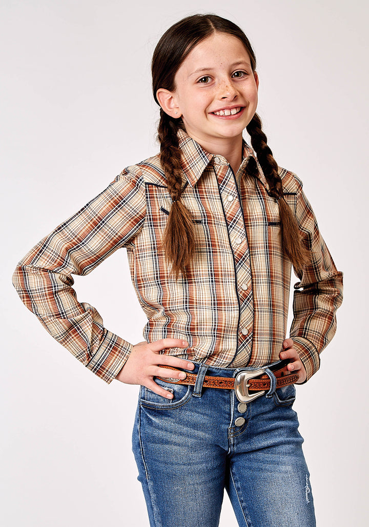 GIRLS LONG SLEEVE SNAP BROWN PLAID WESTERN SHIRT WITH SOLID PIPING ON FRONT AND BACK YOKES SMILE POCKETS