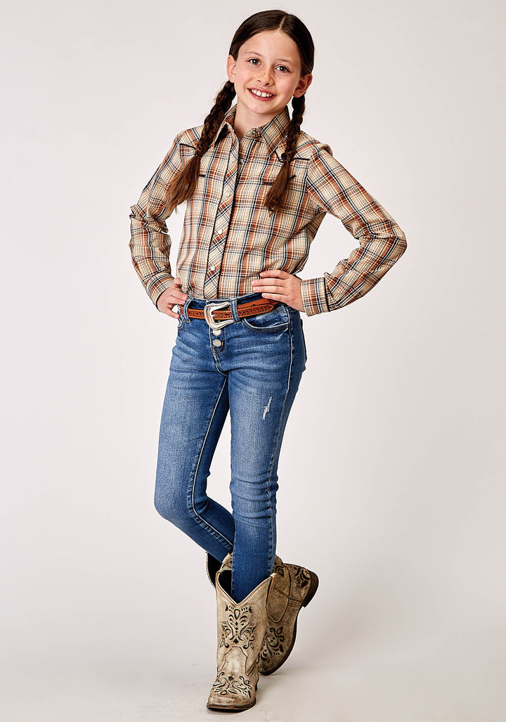 GIRLS LONG SLEEVE SNAP BROWN PLAID WESTERN SHIRT WITH SOLID PIPING ON FRONT AND BACK YOKES SMILE POCKETS