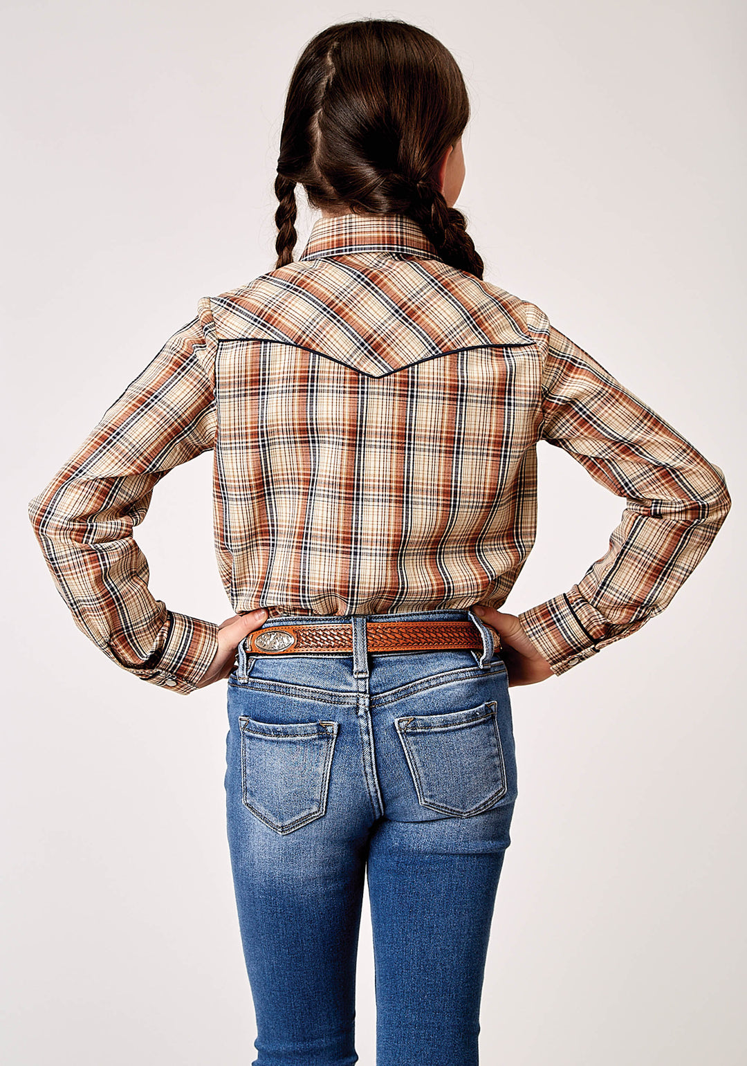 GIRLS LONG SLEEVE SNAP BROWN PLAID WESTERN SHIRT WITH SOLID PIPING ON FRONT AND BACK YOKES SMILE POCKETS