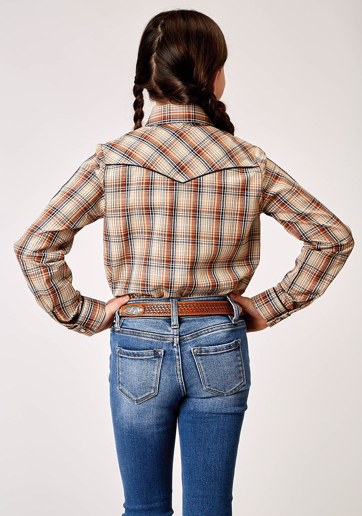 GIRLS LONG SLEEVE SNAP BROWN PLAID WESTERN SHIRT WITH SOLID PIPING ON FRONT AND BACK YOKES SMILE POCKETS