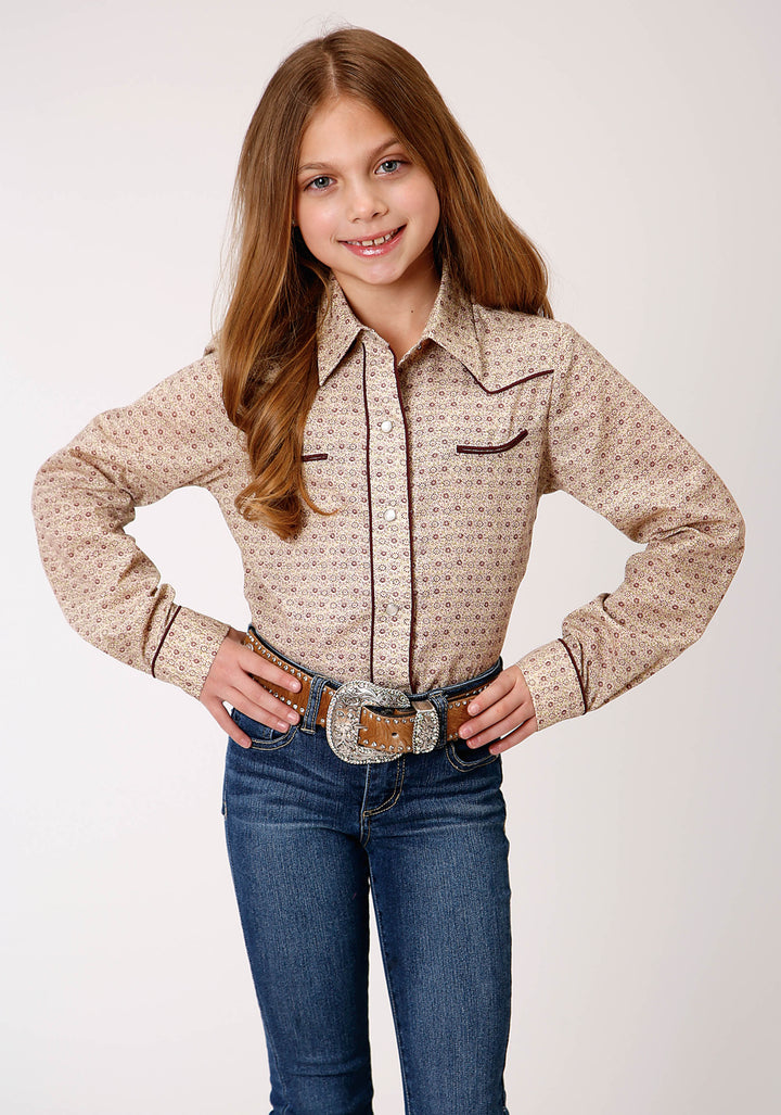 GIRLS LONG SLEEVE SNAP BEIGE AND RUST VINTAGE FLORAL PRINT WESTERN SHIRT