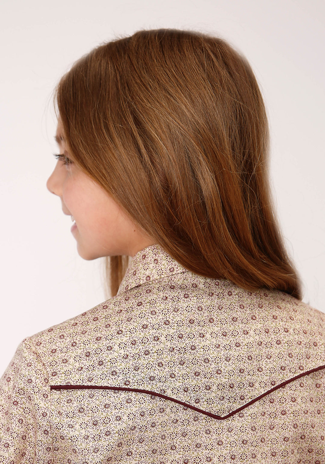 GIRLS LONG SLEEVE SNAP BEIGE AND RUST VINTAGE FLORAL PRINT WESTERN SHIRT