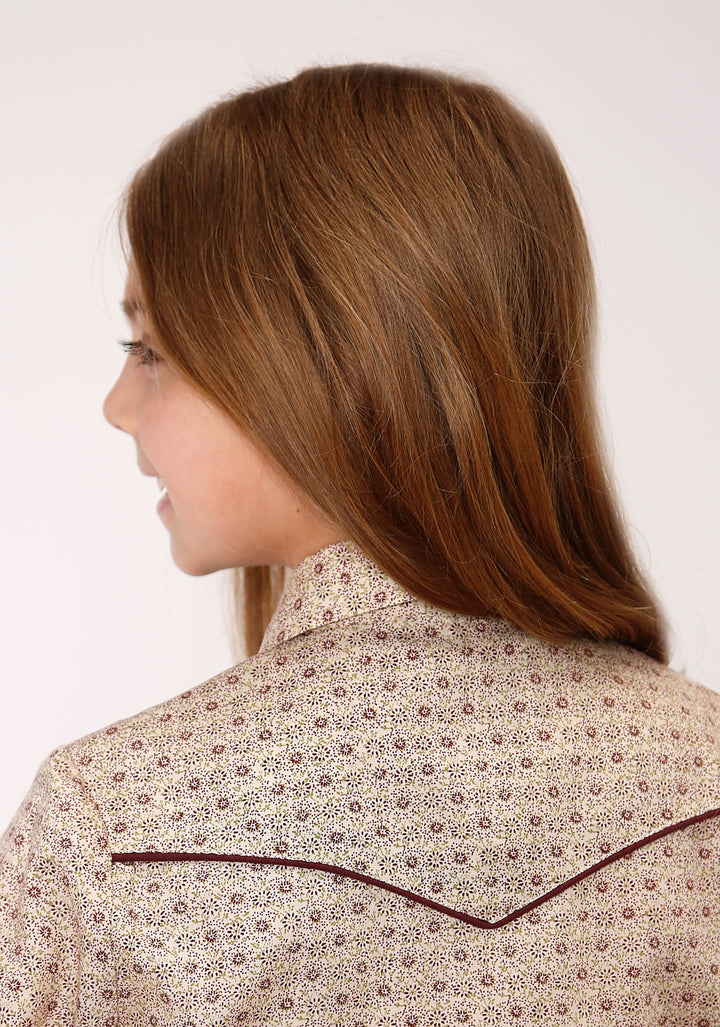 GIRLS LONG SLEEVE SNAP BEIGE AND RUST VINTAGE FLORAL PRINT WESTERN SHIRT