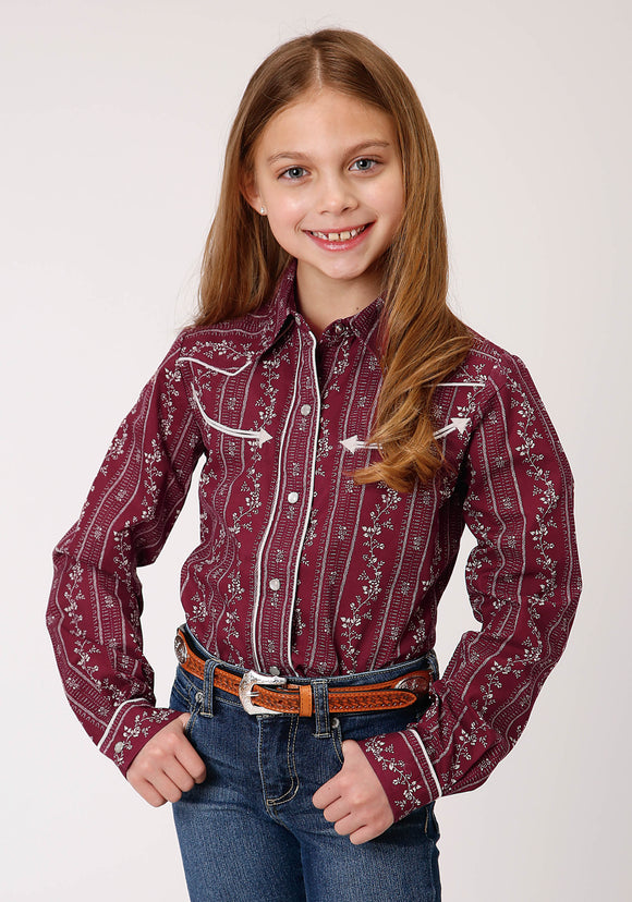 GIRLS LONG SLEEVE SNAP BRICK RED AND CREAM WALLPAPER STRIPE WESTERN SHIRT