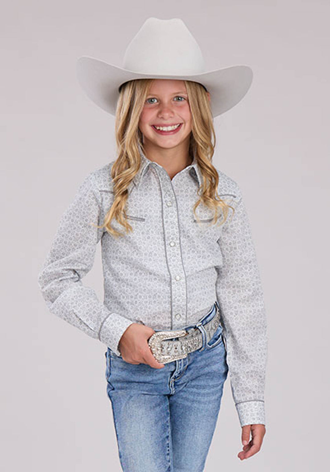 GIRLS GRAY WHITE FLORAL PRINT LONG SLEEVE SNAP WESTERN SHIRT