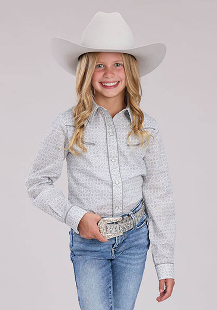 GIRLS GRAY WHITE FLORAL PRINT LONG SLEEVE SNAP WESTERN SHIRT
