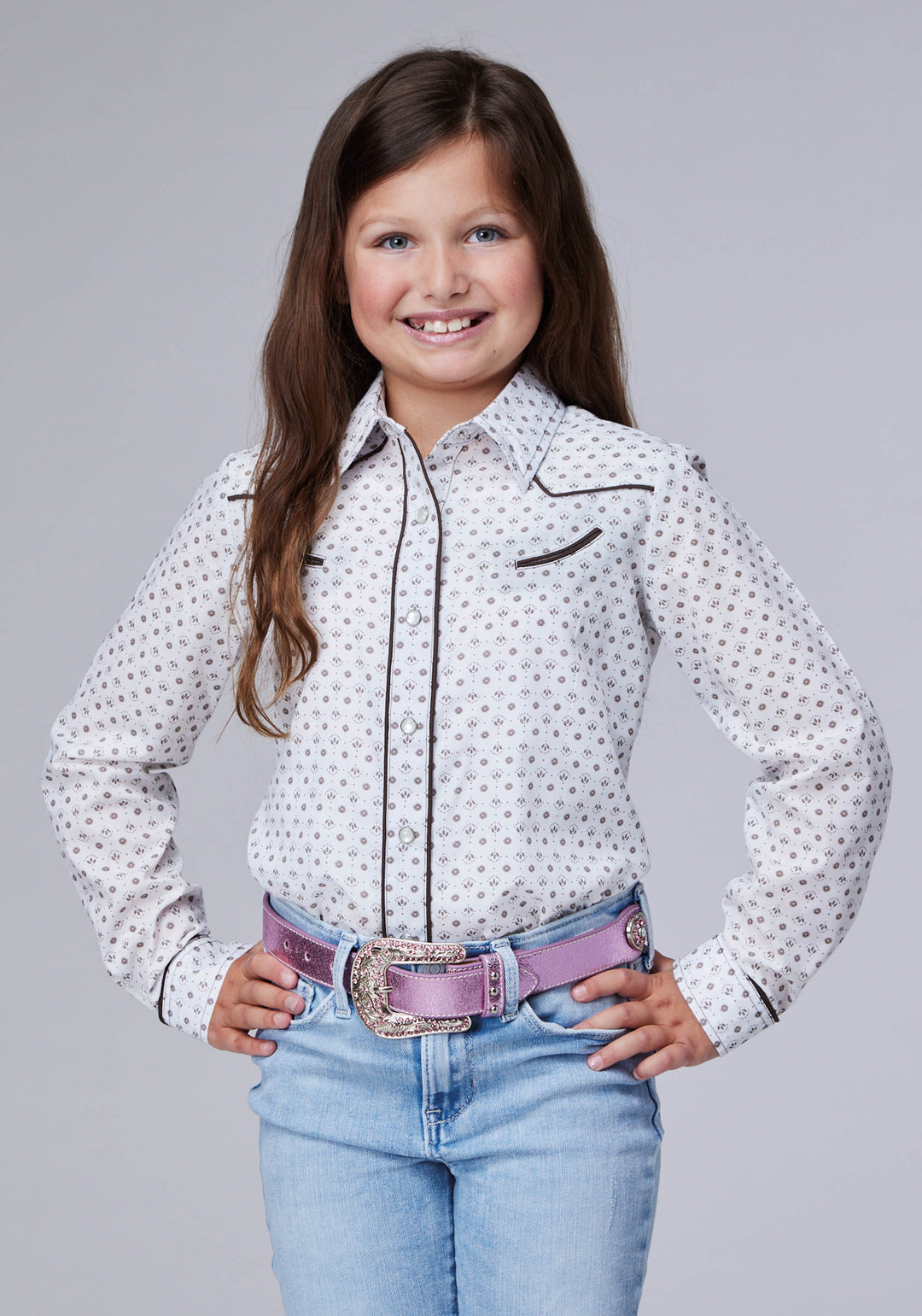 GIRLS CREAM TAUPE MINI FLORAL PRINT LONG SLEEVE SNAP WESTERN SHIRT