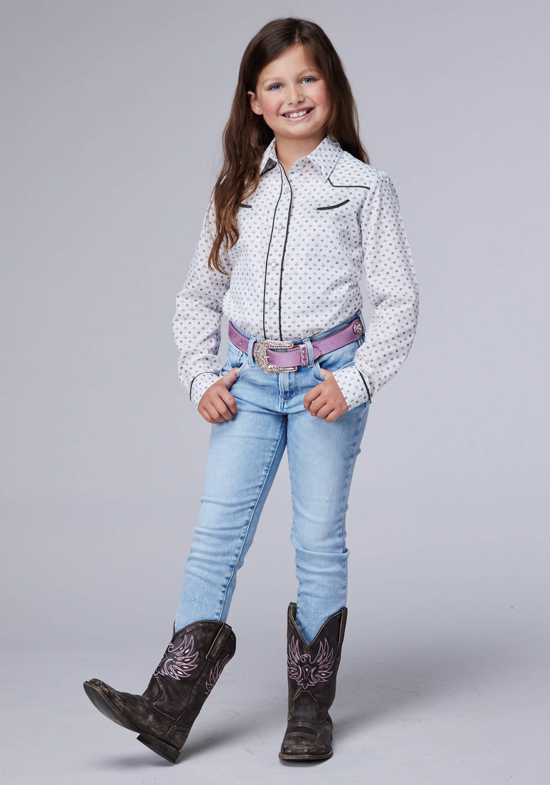 GIRLS CREAM TAUPE MINI FLORAL PRINT LONG SLEEVE SNAP WESTERN SHIRT