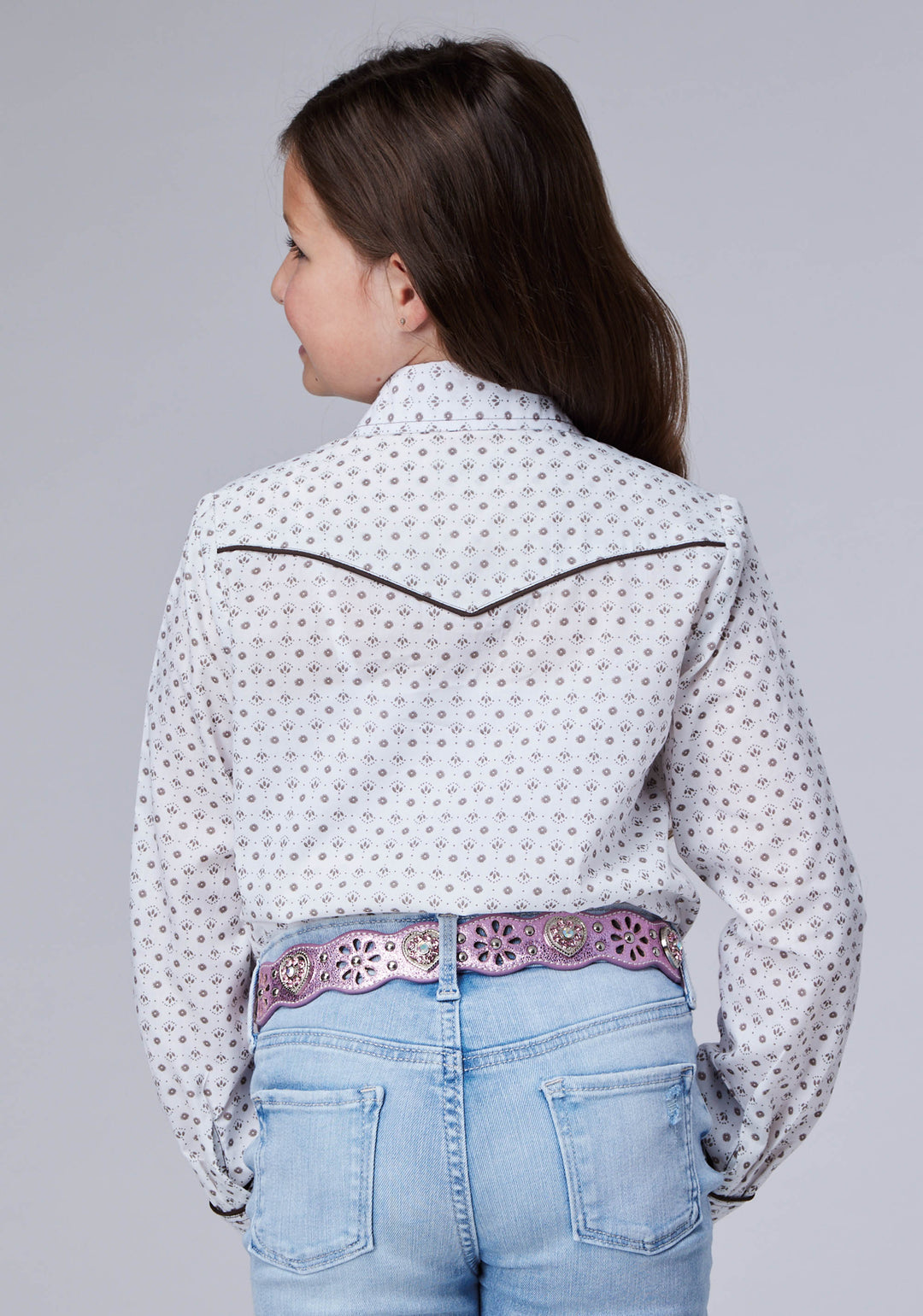 GIRLS CREAM TAUPE MINI FLORAL PRINT LONG SLEEVE SNAP WESTERN SHIRT