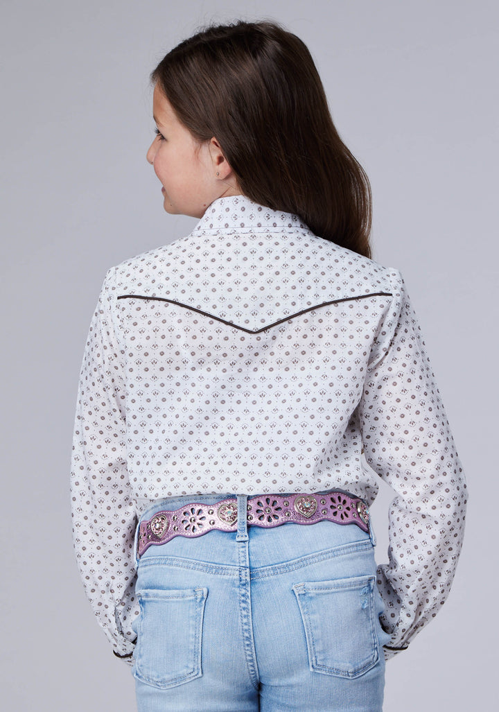 GIRLS CREAM TAUPE MINI FLORAL PRINT LONG SLEEVE SNAP WESTERN SHIRT