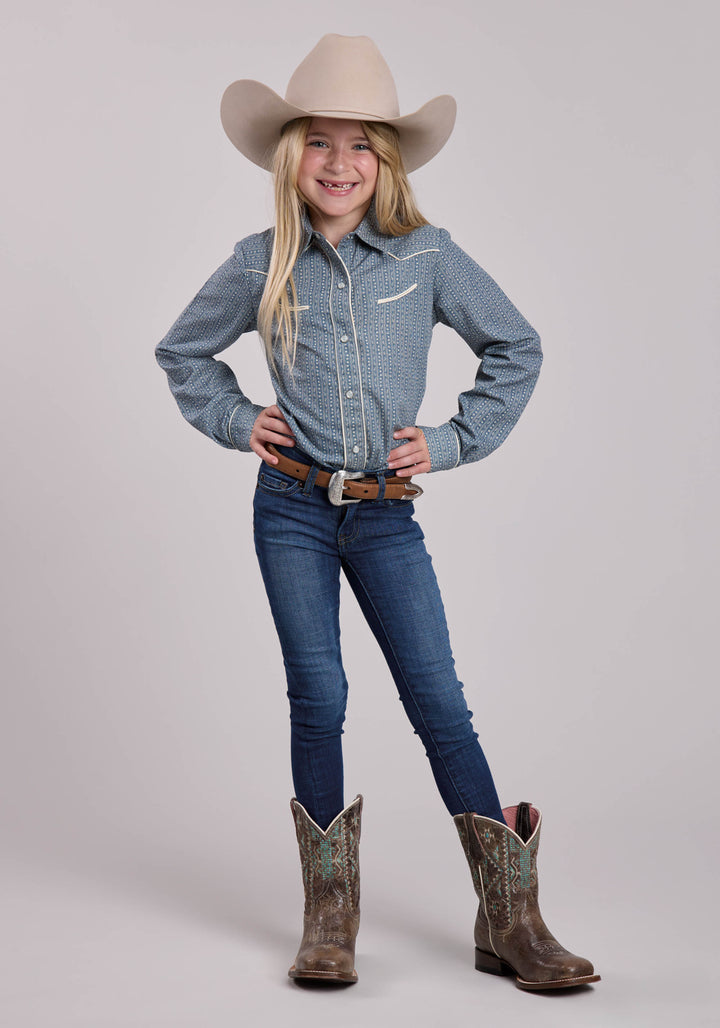 GIRLS ROPER BLUE  CREAM FLORAL WALLPAPER STRIPE LONG SLEEVE SNAP SHIRT