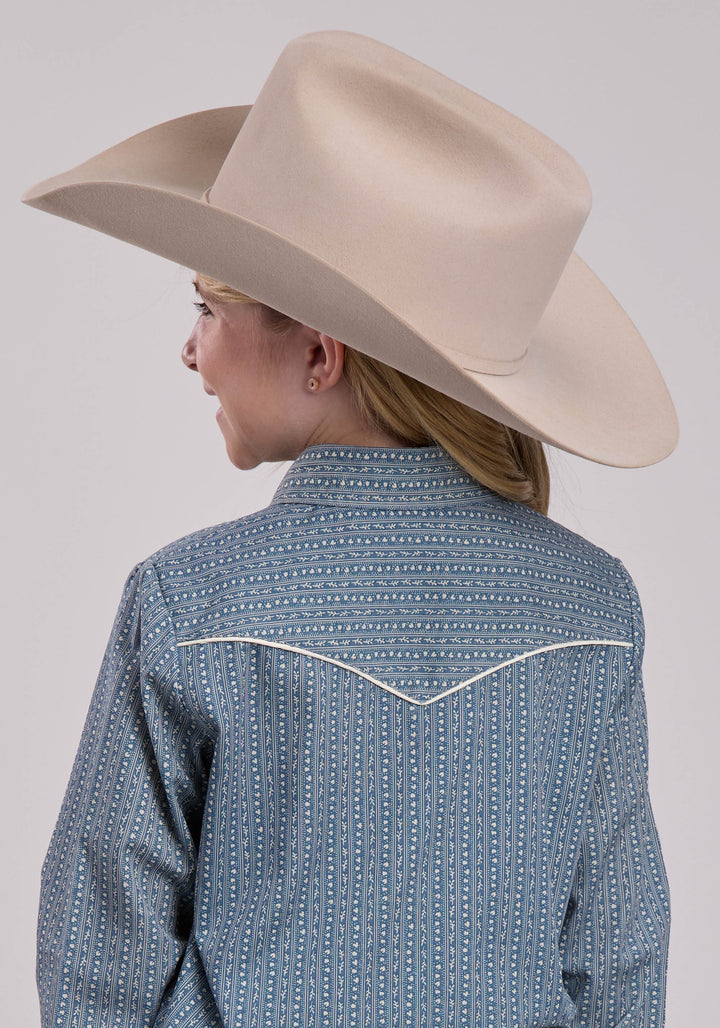 GIRLS ROPER BLUE  CREAM FLORAL WALLPAPER STRIPE LONG SLEEVE SNAP SHIRT