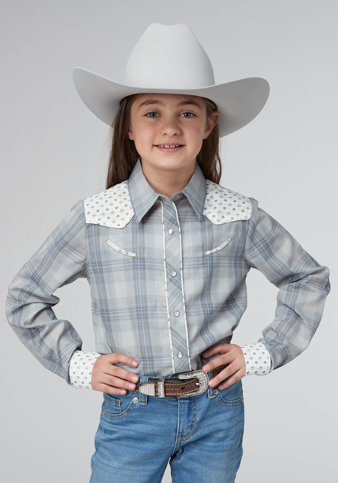 GIRLS GRAY LIGHT BLUE PLAID LONG SLEEVE SNAP WESTERN SHIRT