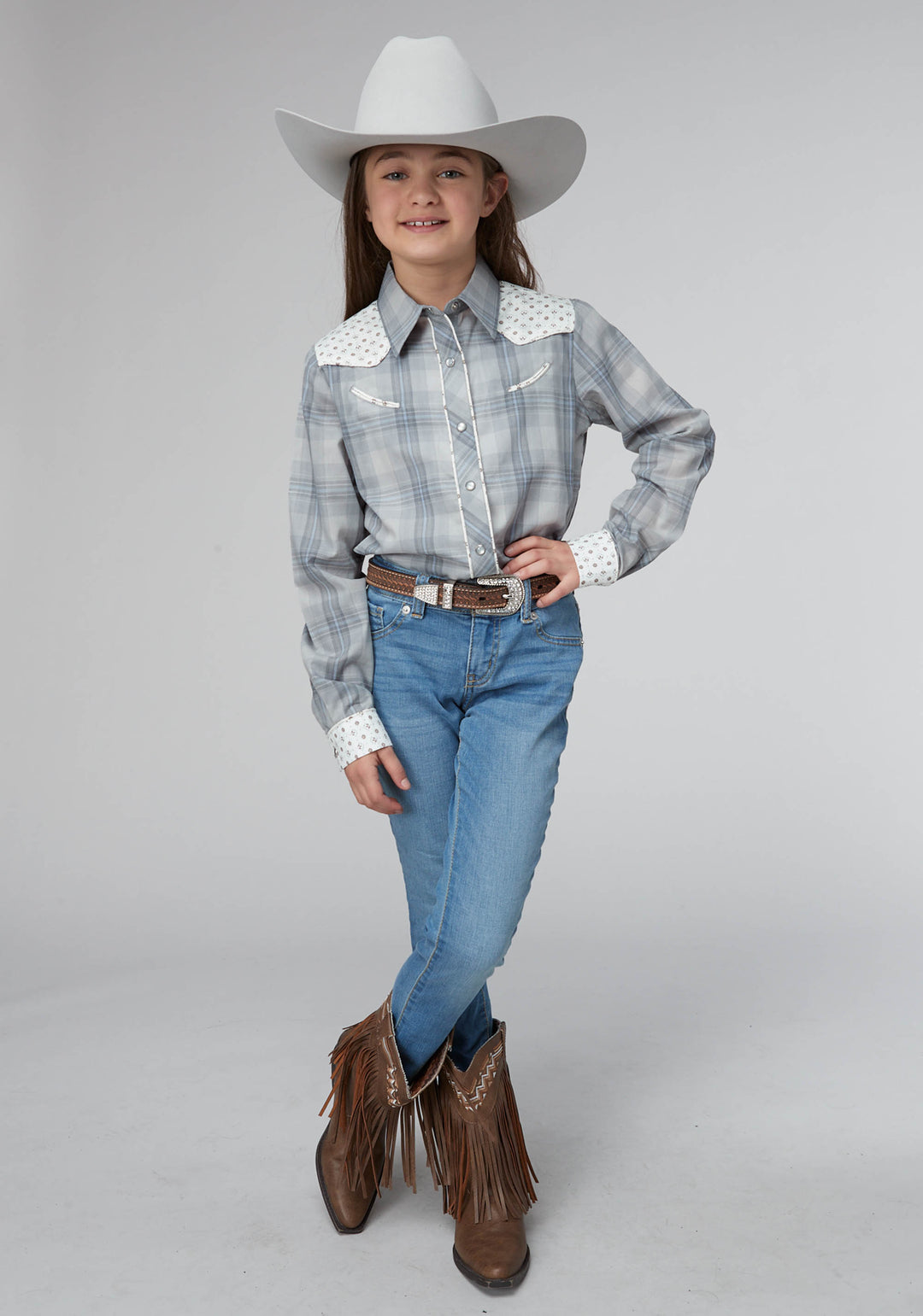 GIRLS GRAY LIGHT BLUE PLAID LONG SLEEVE SNAP WESTERN SHIRT