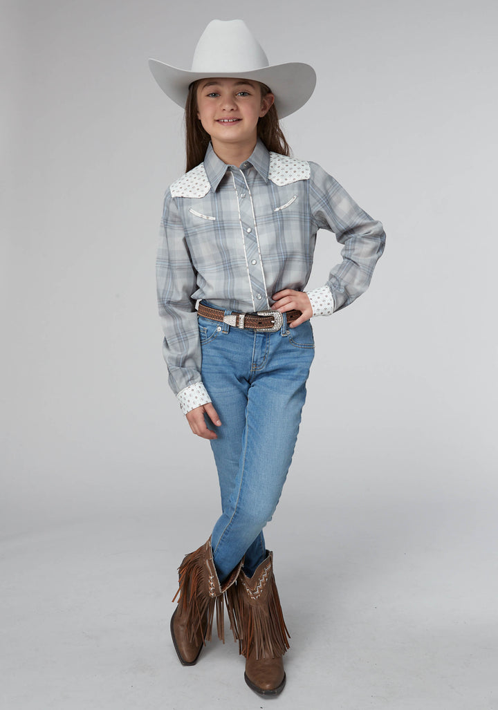 GIRLS GRAY LIGHT BLUE PLAID LONG SLEEVE SNAP WESTERN SHIRT