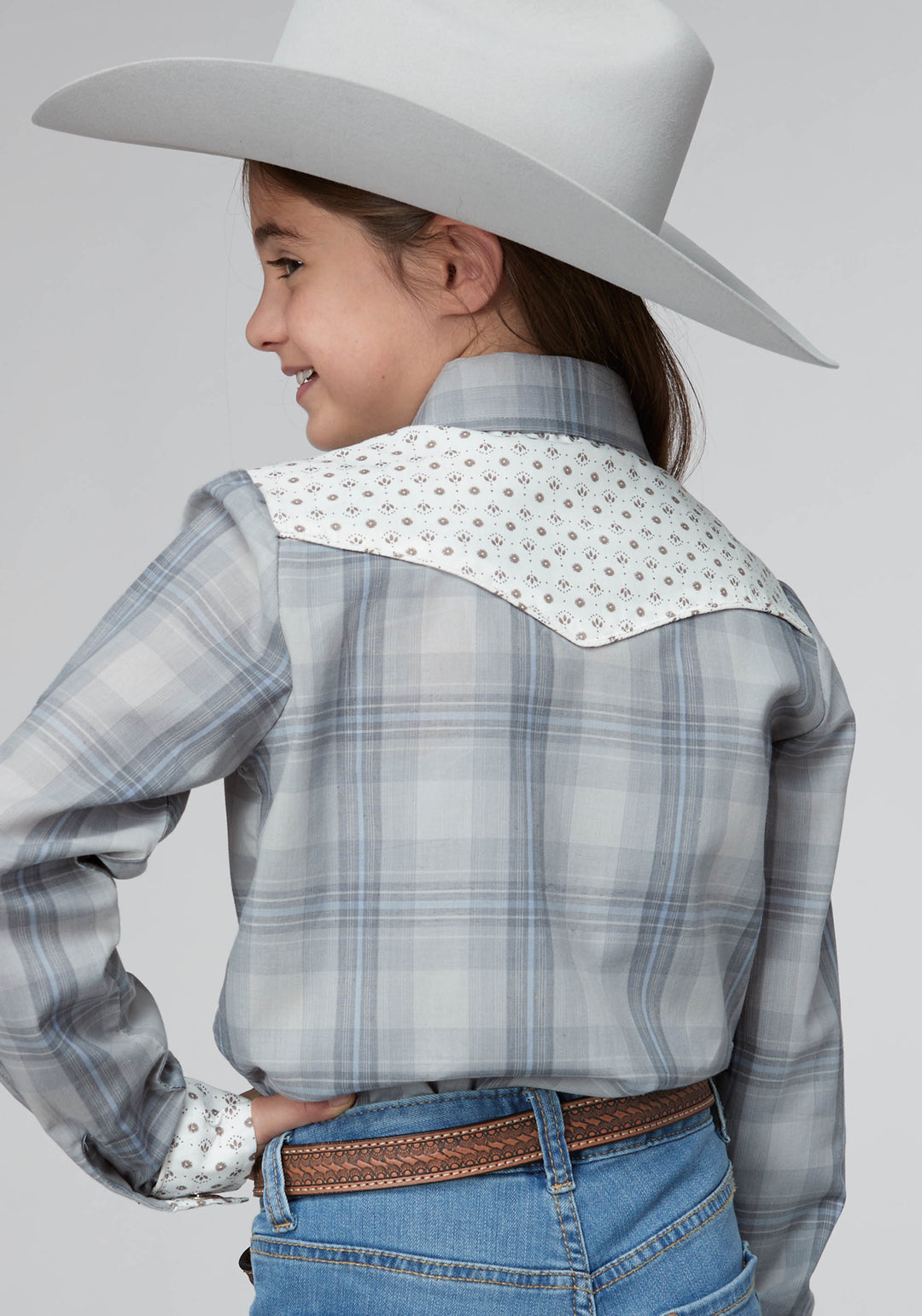 GIRLS GRAY LIGHT BLUE PLAID LONG SLEEVE SNAP WESTERN SHIRT