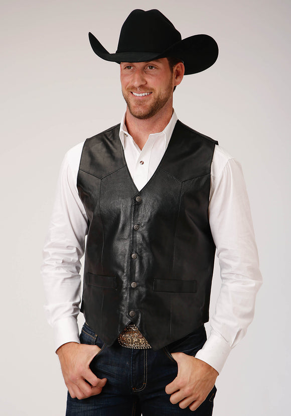 MENS BLACK LEATHER WESTERN VEST WITH YOKES