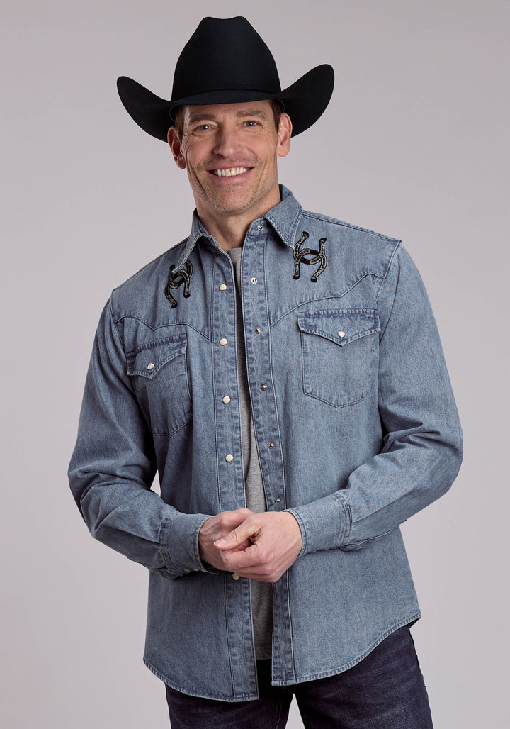 MENS ROPER MEDIUM WASH DENIM WESTERN SNAP SHIRT