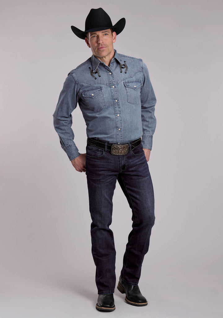 MENS ROPER MEDIUM WASH DENIM WESTERN SNAP SHIRT