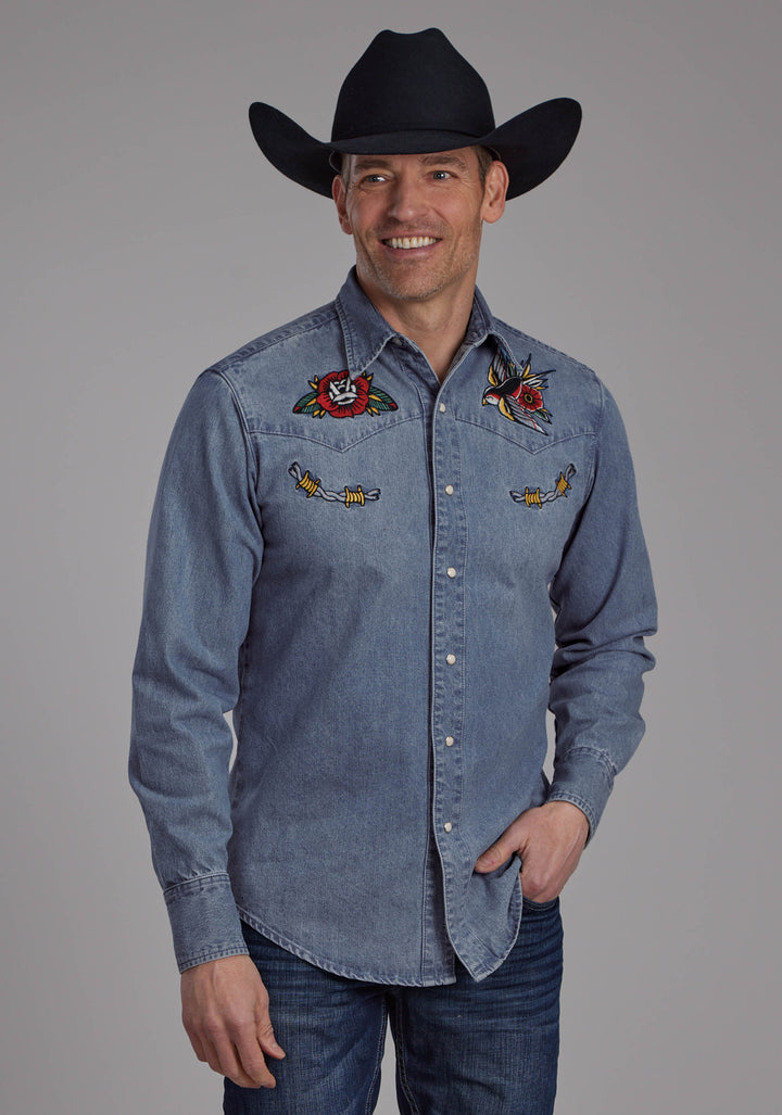 MENS DENIM MEDIUM WASH EMBROIDERED SHIRT LONG SLEEVE SNAP WESTERN SHIRT