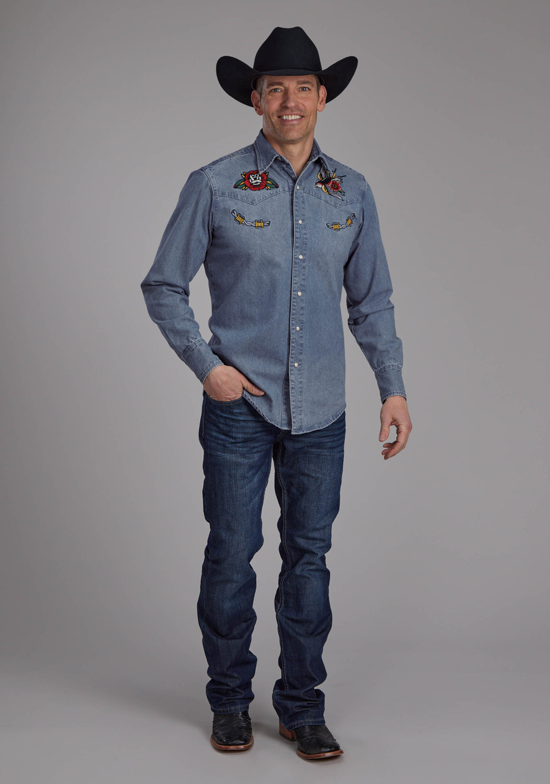 MENS DENIM MEDIUM WASH EMBROIDERED SHIRT LONG SLEEVE SNAP WESTERN SHIRT