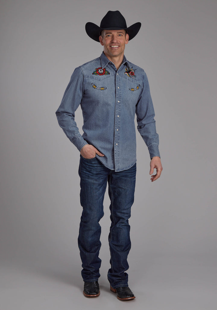 MENS DENIM MEDIUM WASH EMBROIDERED SHIRT LONG SLEEVE SNAP WESTERN SHIRT