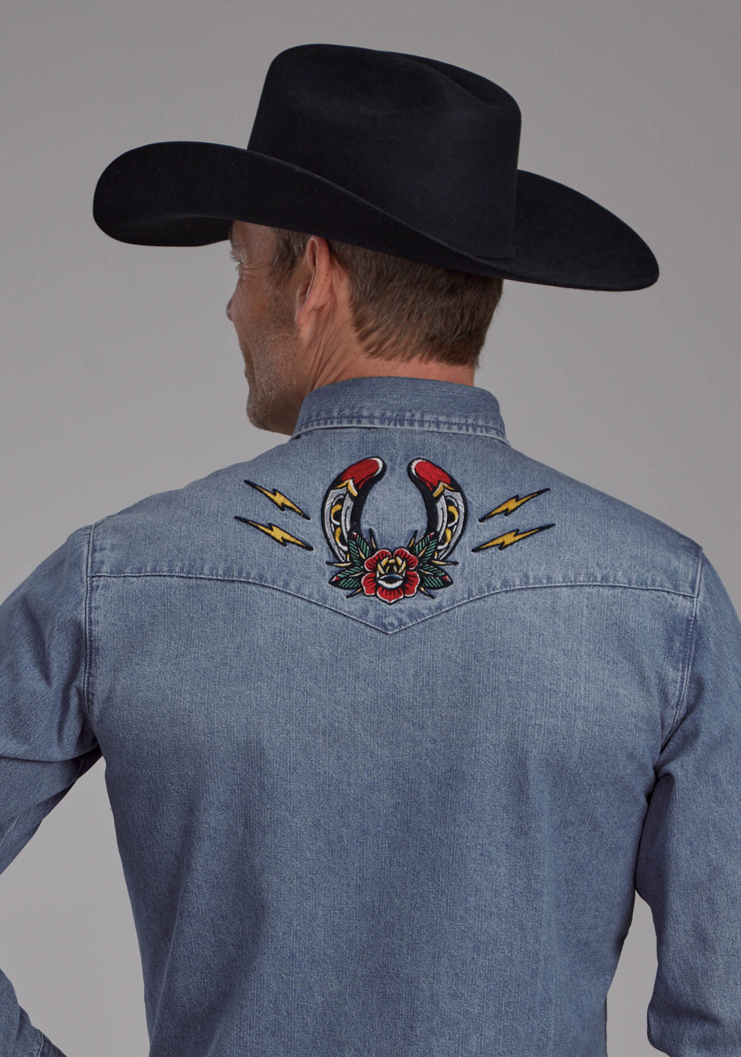 MENS DENIM MEDIUM WASH EMBROIDERED SHIRT LONG SLEEVE SNAP WESTERN SHIRT