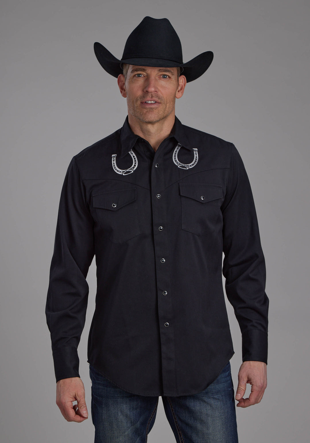 MENS BLACK POLY RAYON WESTERN SHIRT LONG SLEEVE SNAP WESTERN SHIRT
