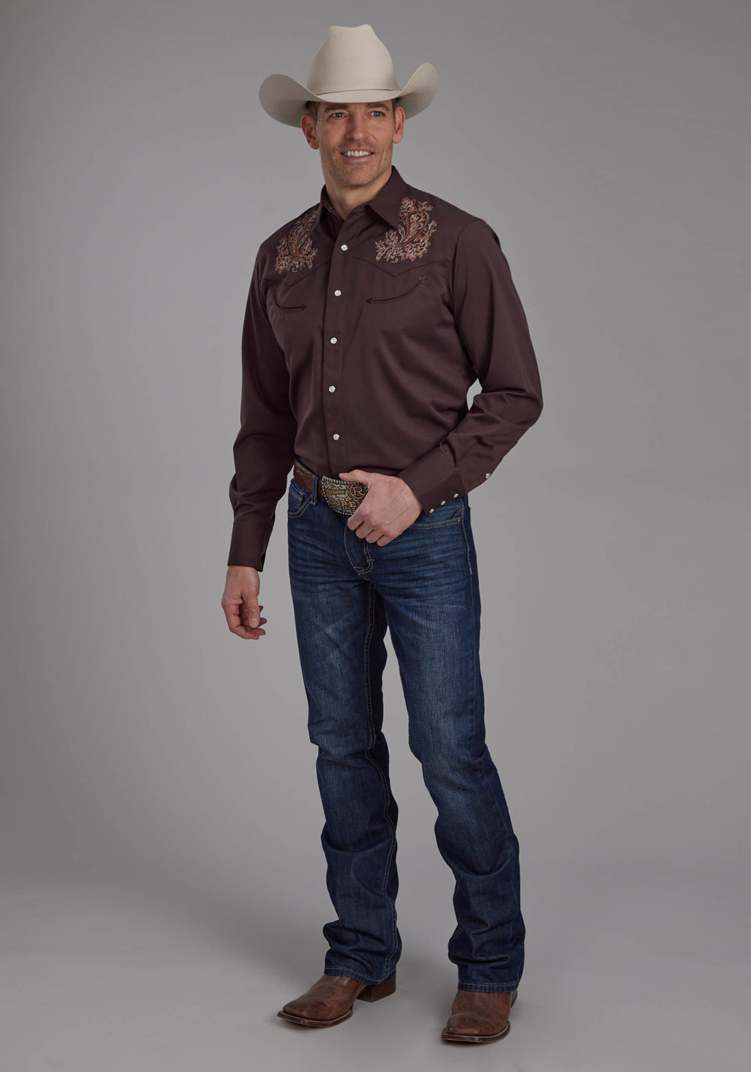 MENS BROWN POLY RAYON WESTERN SHIRT LONG SLEEVE SNAP WESTERN SHIRT