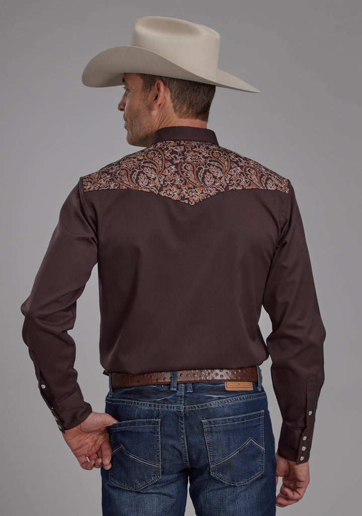 MENS BROWN POLY RAYON WESTERN SHIRT LONG SLEEVE SNAP WESTERN SHIRT
