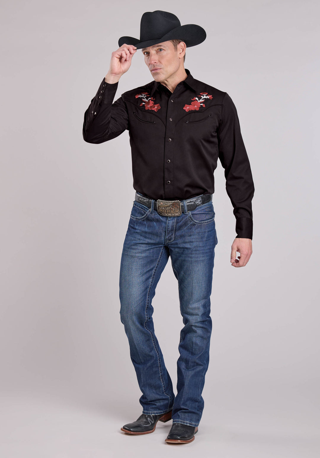 MENS LONG SLEEVE SNAP JET BLACK POLY RAYON WESTERN SHIRT