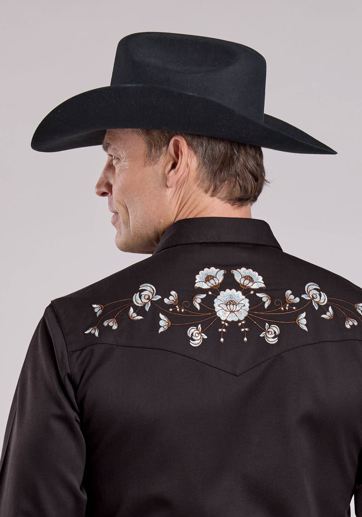 MENS LONG SLEEVE SNAP JET BLACK POLY RAYON WESTERN SHIRT