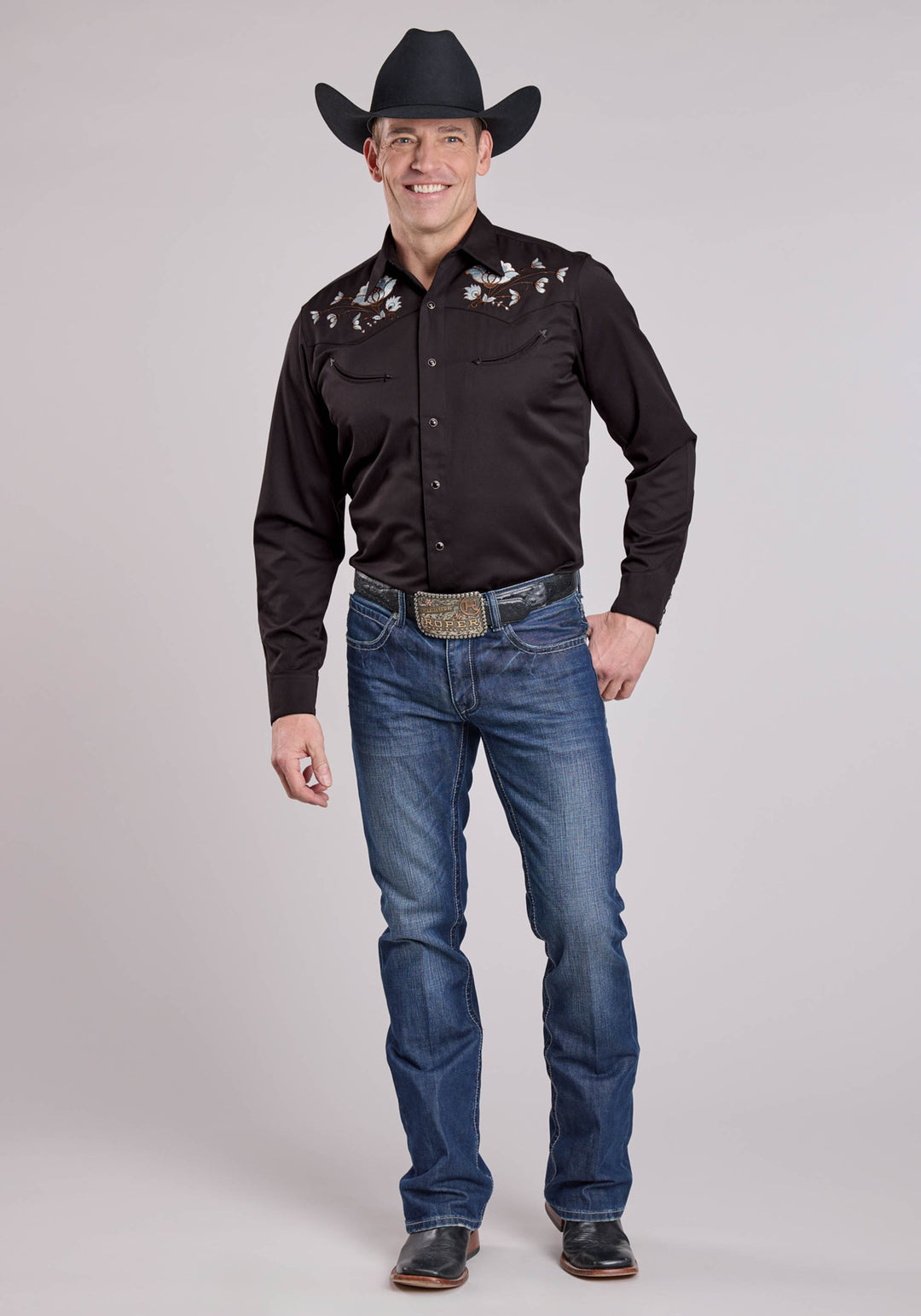 MENS LONG SLEEVE SNAP JET BLACK POLY RAYON WESTERN SHIRT