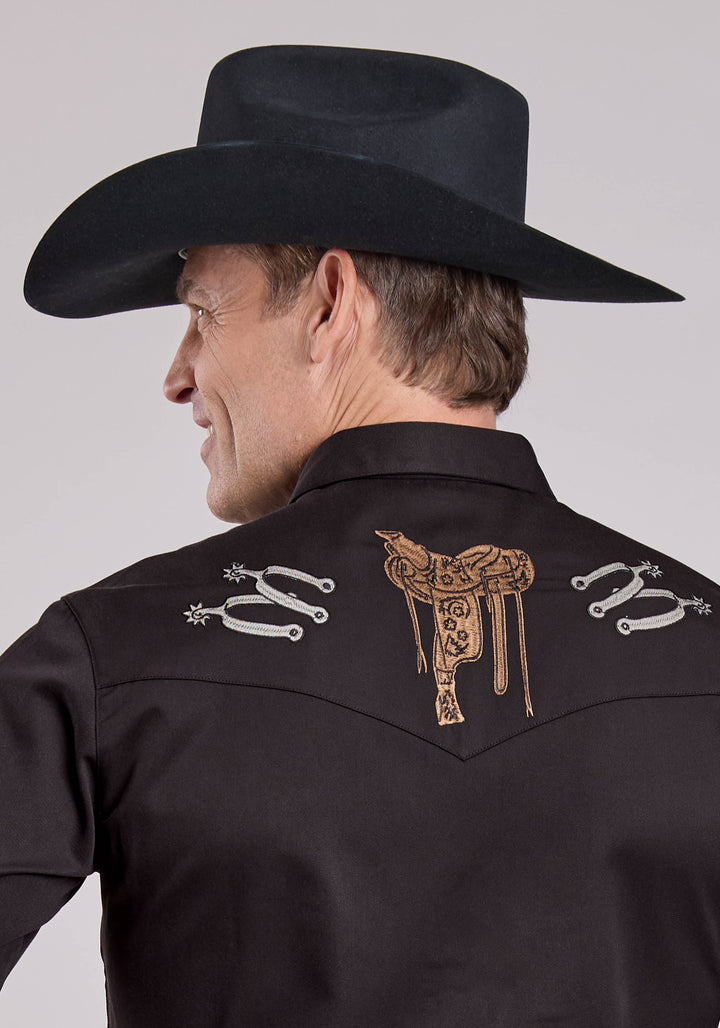 MENS LONG SLEEVE SNAP JET BLACK POLY RAYON WESTERN SHIRT