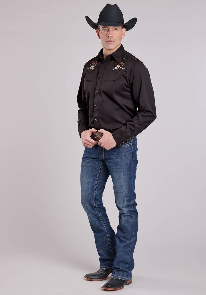 MENS LONG SLEEVE SNAP JET BLACK POLY RAYON WESTERN SHIRT