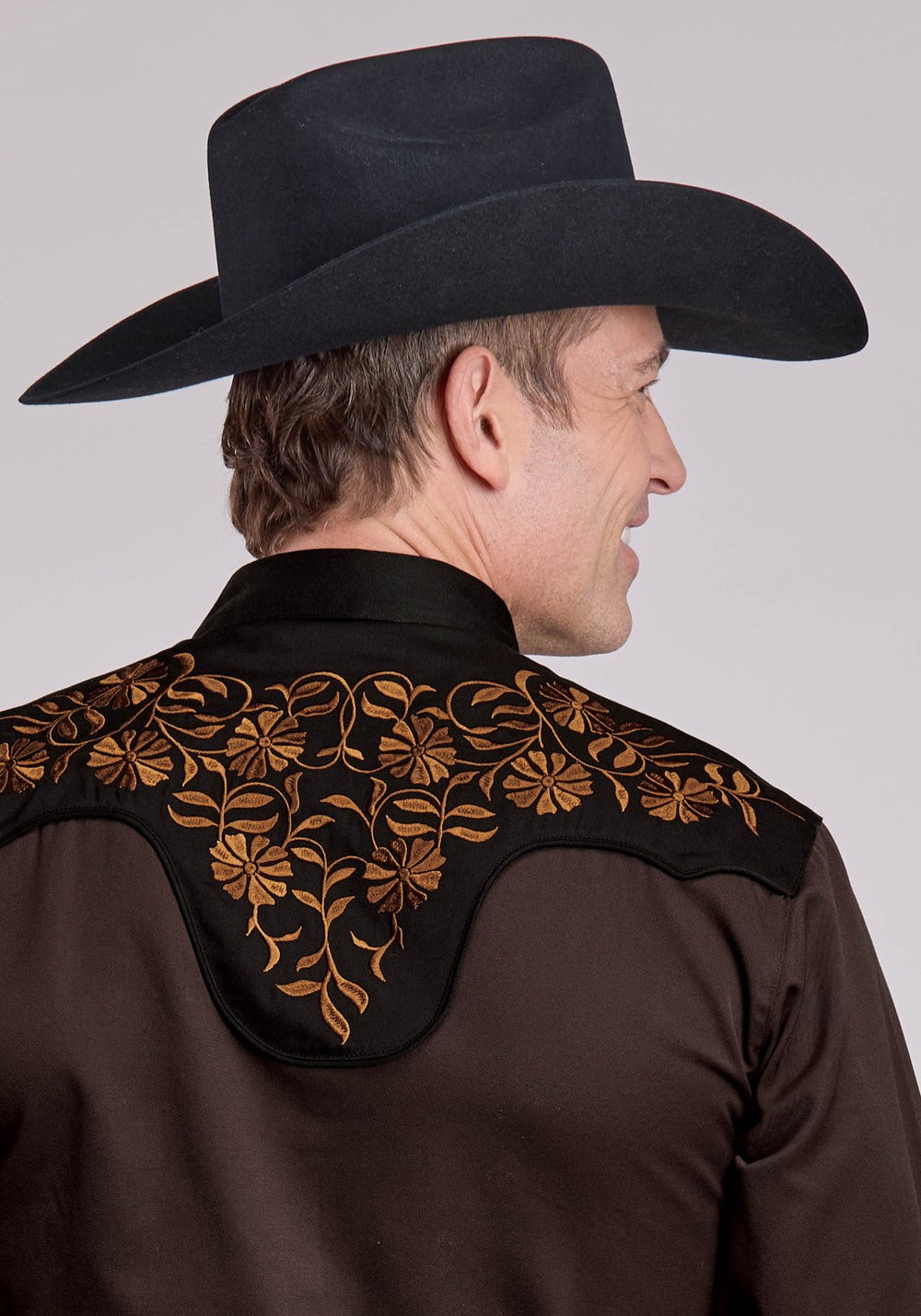 MENS LONG SLEEVE SNAP CHOCOLATE BROWN POLY RAYON WESTERN SHIRT