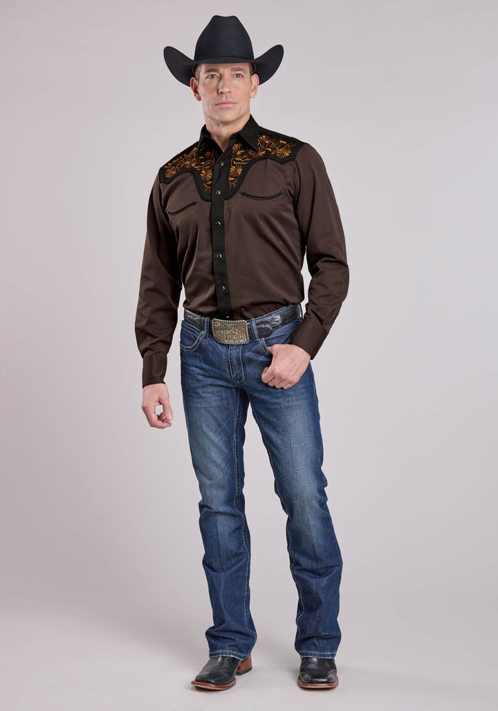 MENS LONG SLEEVE SNAP CHOCOLATE BROWN POLY RAYON WESTERN SHIRT