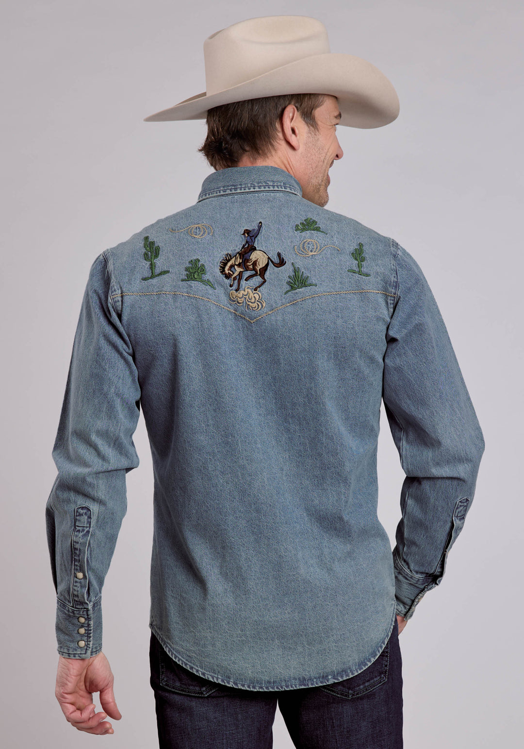 MENS LONG SLEEVE SNAP MED WASH DENIM SHIRT W/ BRONC RIDER EMBROIDERED WESTERN SHIRT
