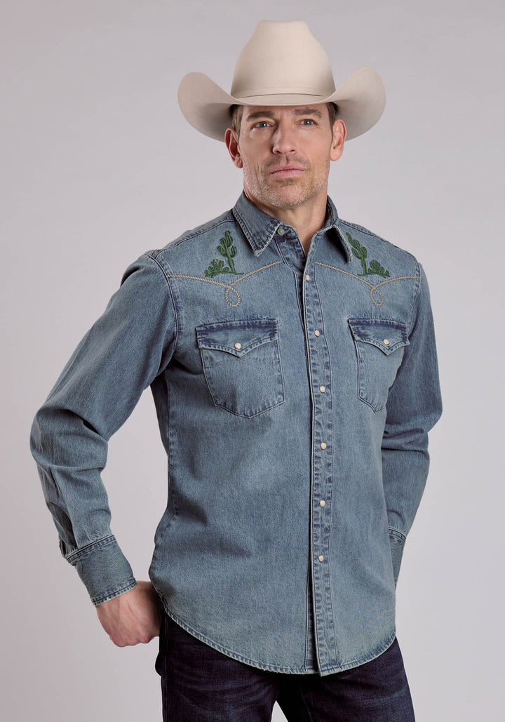 MENS LONG SLEEVE SNAP MED WASH DENIM SHIRT W/ BRONC RIDER EMBROIDERED WESTERN SHIRT